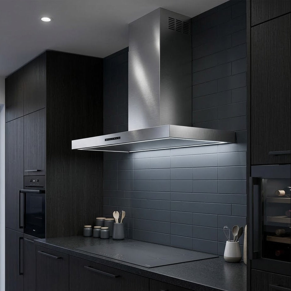 Stainless Steel wall mounted Caporra cooker hood installed in a sleek kitchen with dark features, above an induction hob