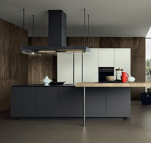 Black Diora Island Cooker Hood Installed In a Modern Dark Kitchen With White Feature Cabinets