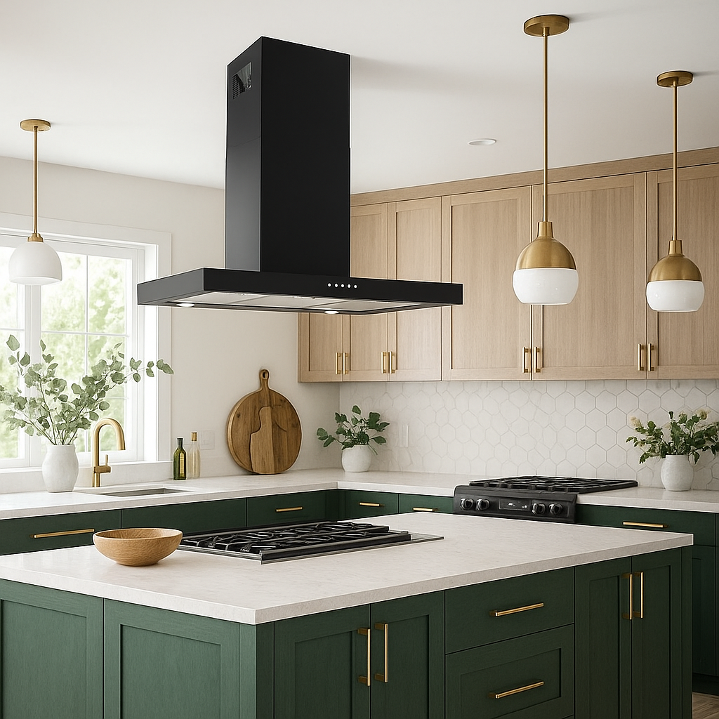 90cm black Flat island cooker hood installed within a sleek kitchen with green island, and wooden cabinets.