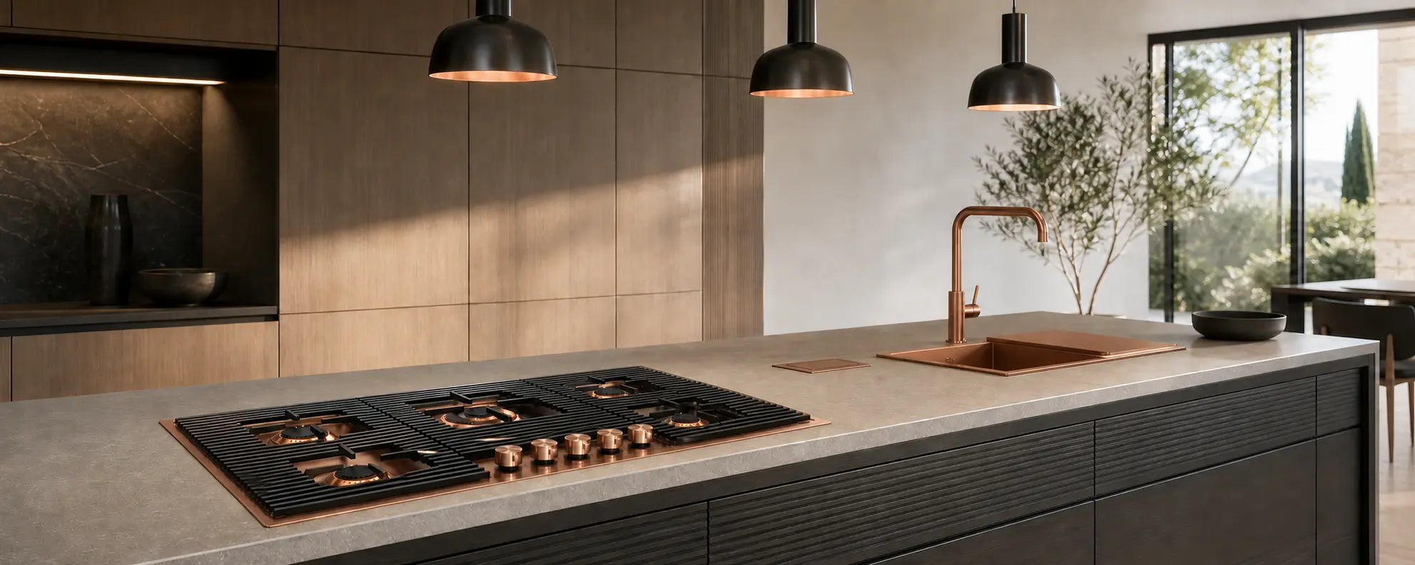 Copper 5 burner rapid gas hob with center wok burner 