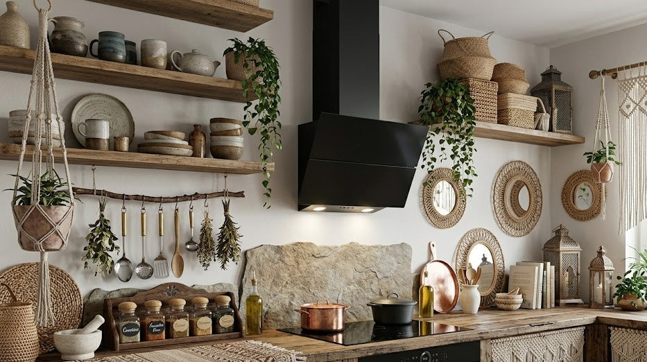 Hubble black angled wall mounted cooker hood installed in a boho chic style 