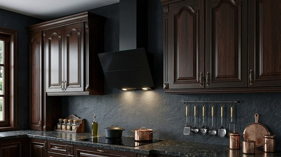 Hubble angled black glass cooker hood installed in a traditional dark style kitchen