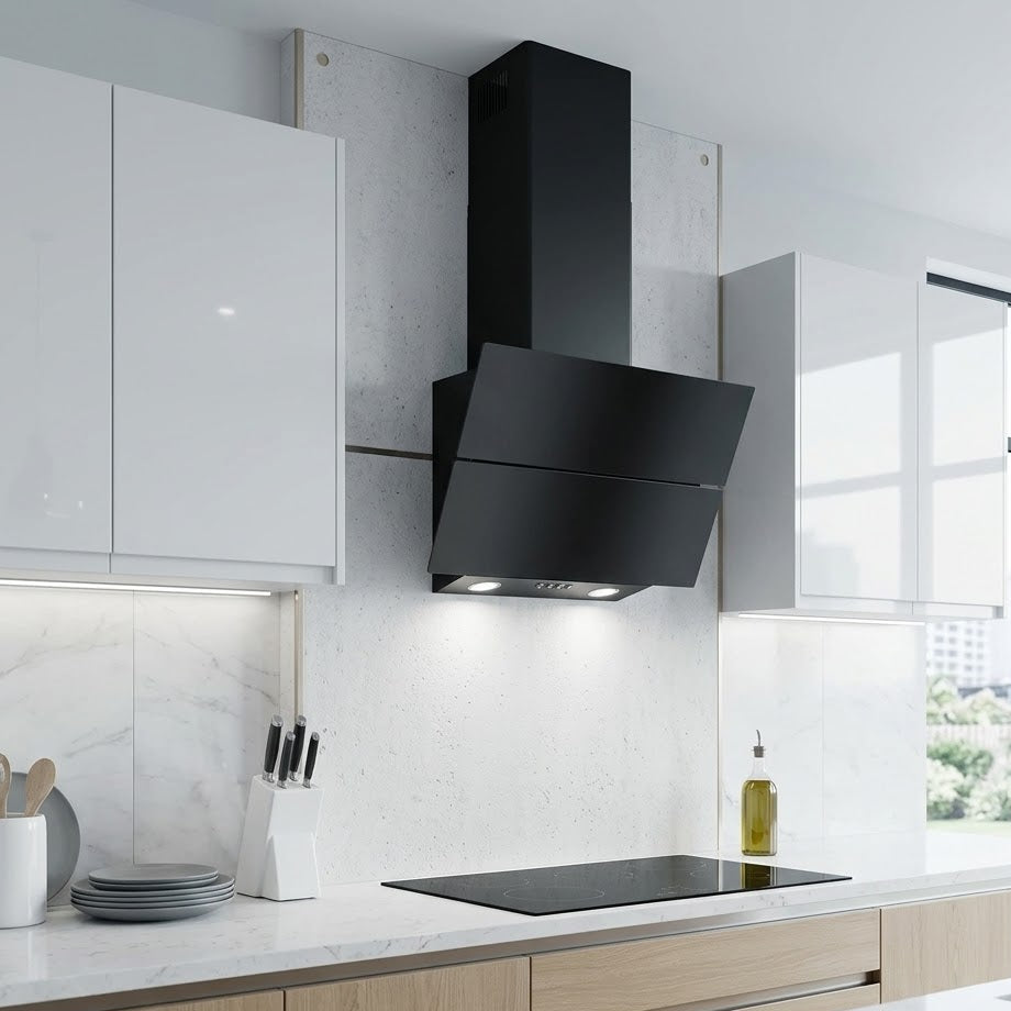 Angled black glass Hubble extractor installed within a sleek, modern white and grey marbled kitchen with wooden cupboards