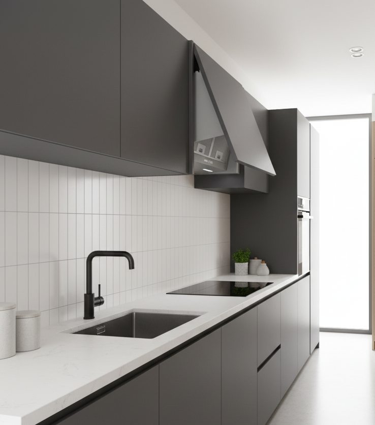 Integrated Cooker Hood Installed Within A Modern Black And White Kitchen