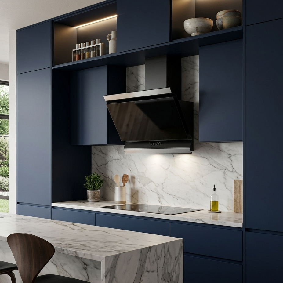 Ison angled cooker hood, black and stainless steel. Installed within a modern navy blue and grey marble kitchen