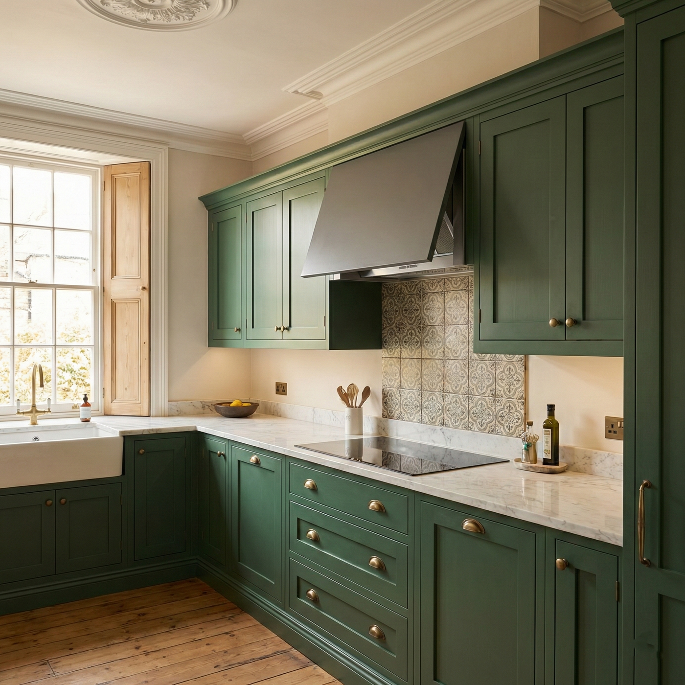 Integrated Cooker Hood Installed In A Green Kitchen With Mosaic Tiled Splashback 