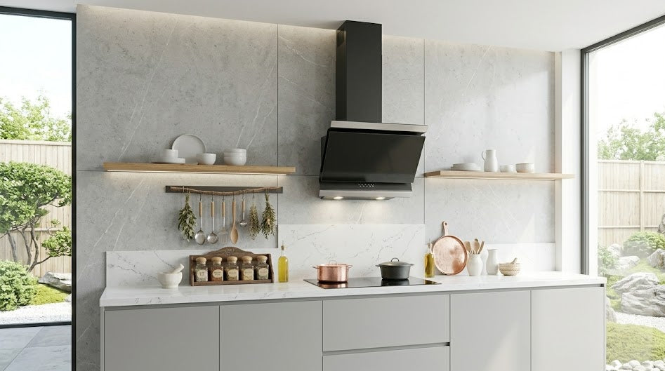 Ison angled cooker hood installed in a light grey modern kitchen with large windows and LED lighting under shelving