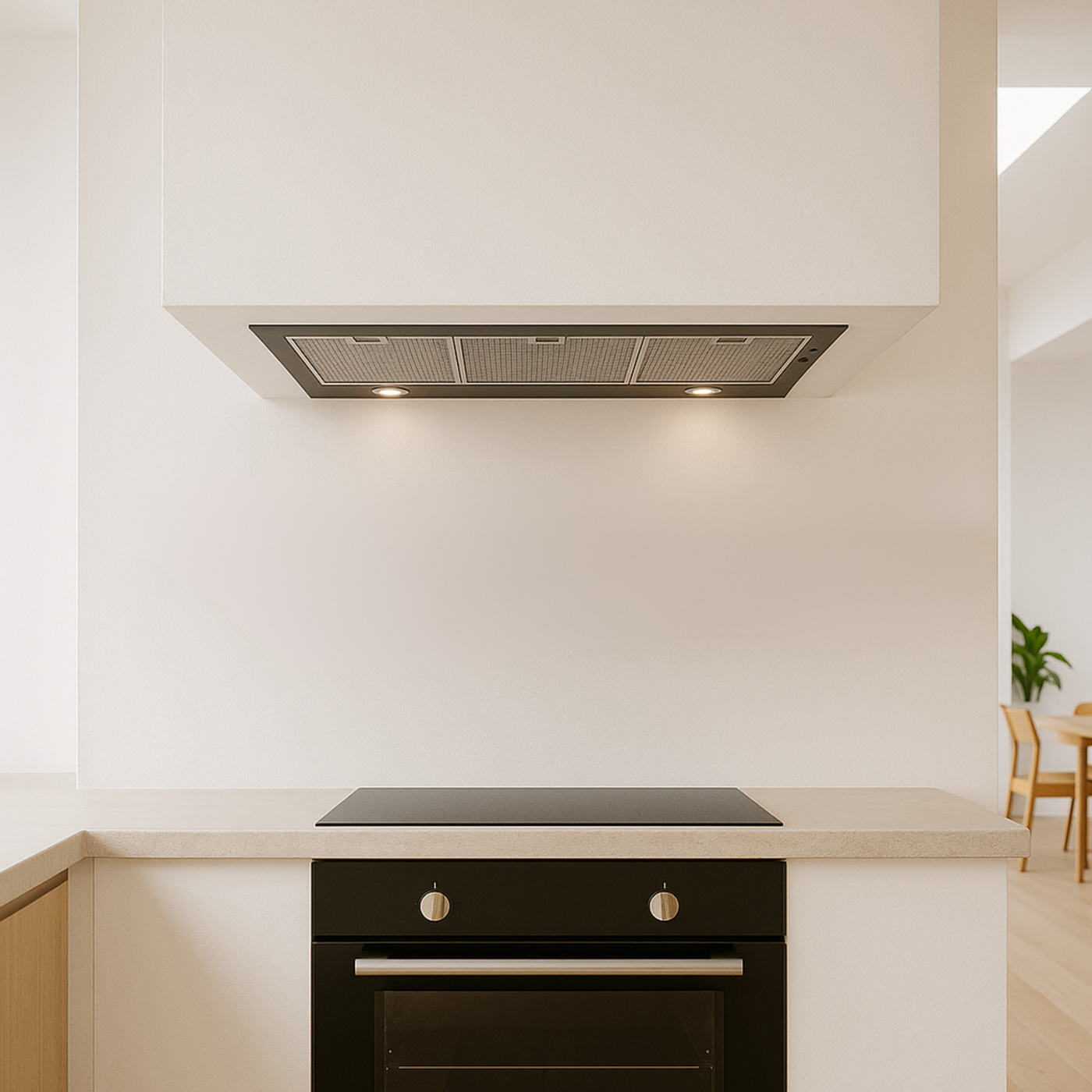 Luxair LA-120cm-CANOPY stainless steel cooker hood integrated into a minimalist white chimney breast above a black oven and cream countertops.