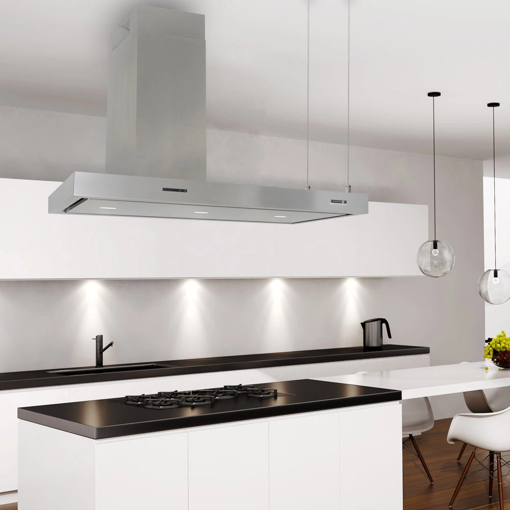 Stainless Steel Arezzo Island Within a Minimalistic Sleek White and Black Kitchen