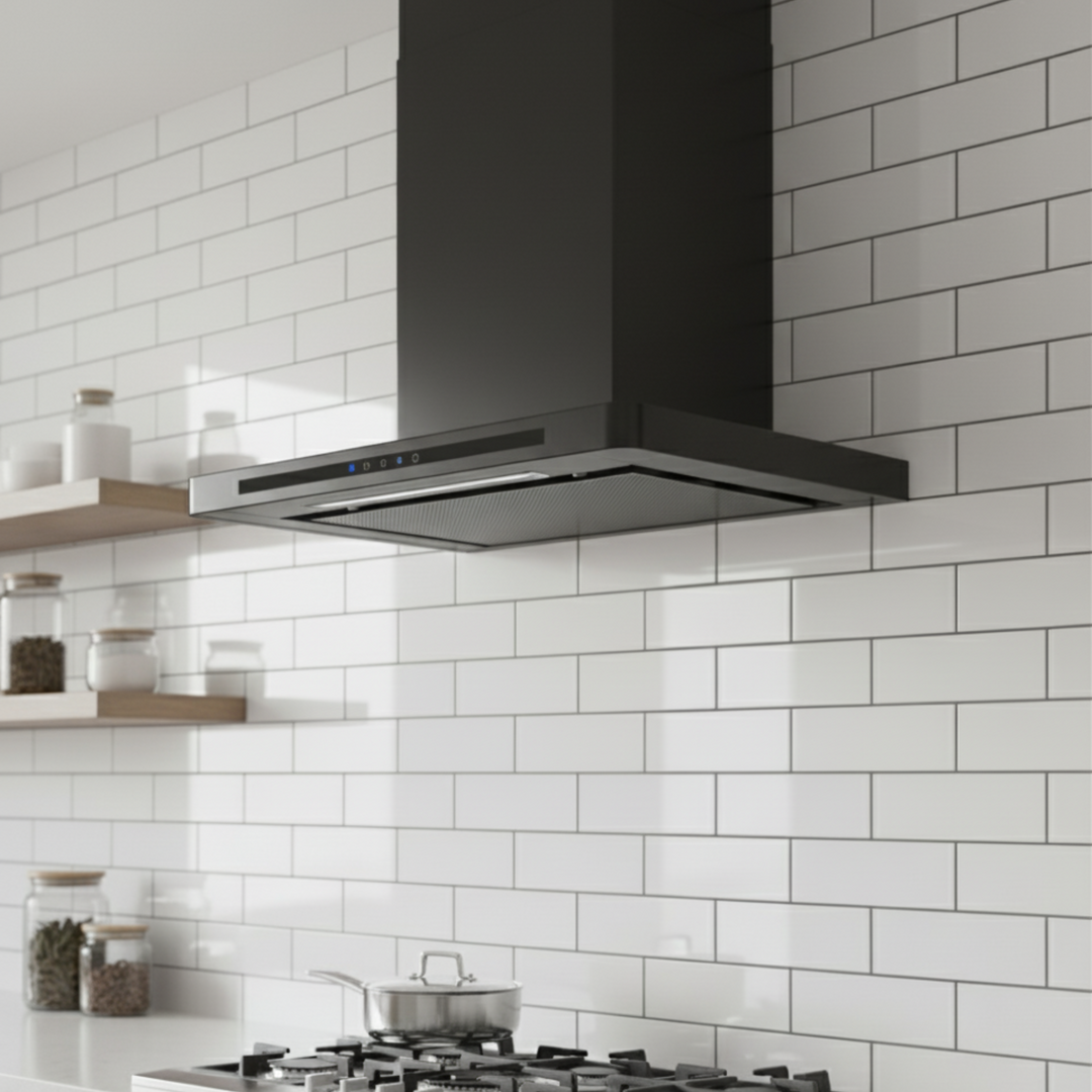 Linea - Designer Black Glass Door Wall Hood - Options