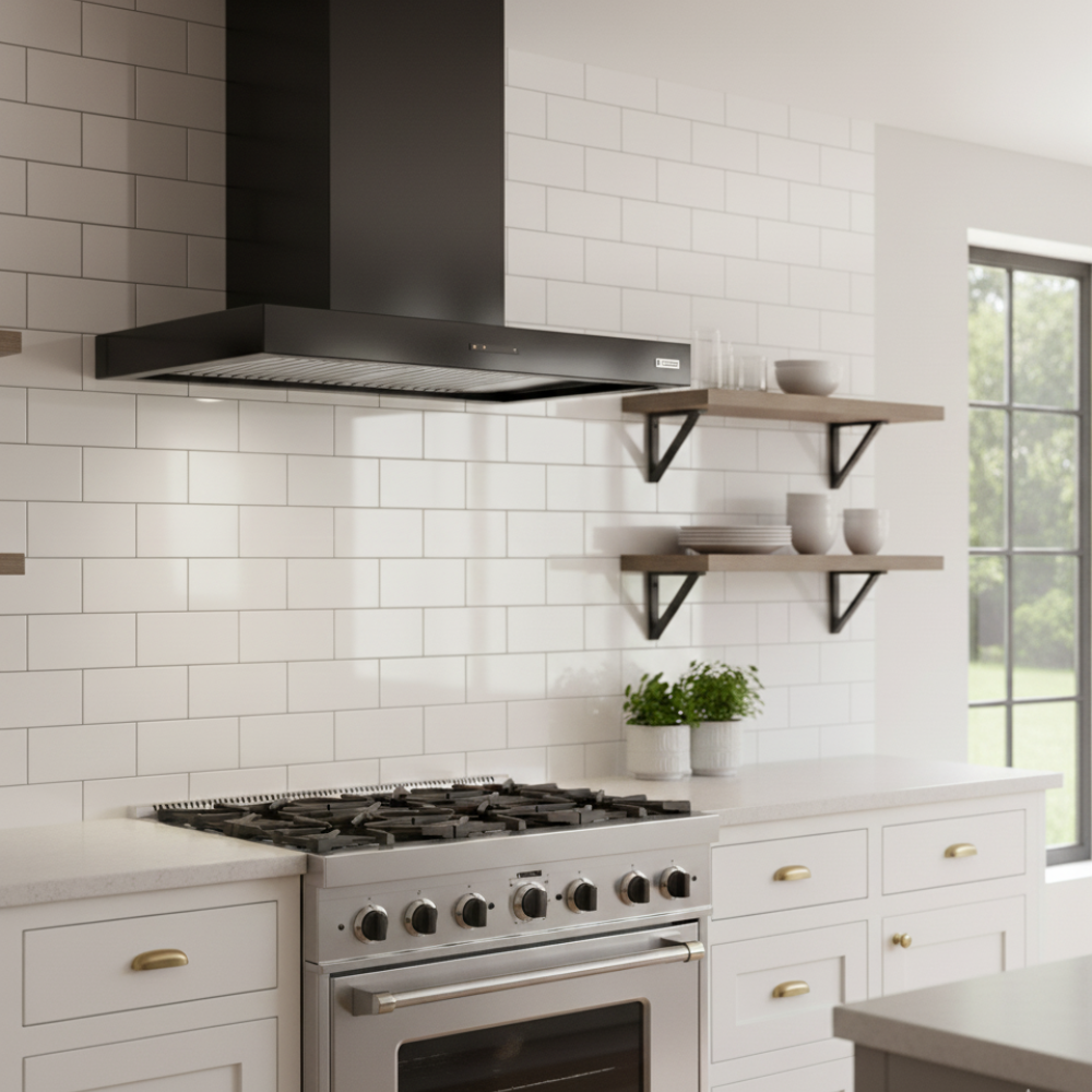 Black Lusso Semi Professional wall mounted cooker hood installed within a light shaker style kitchen, above a range cooker with white tiling 