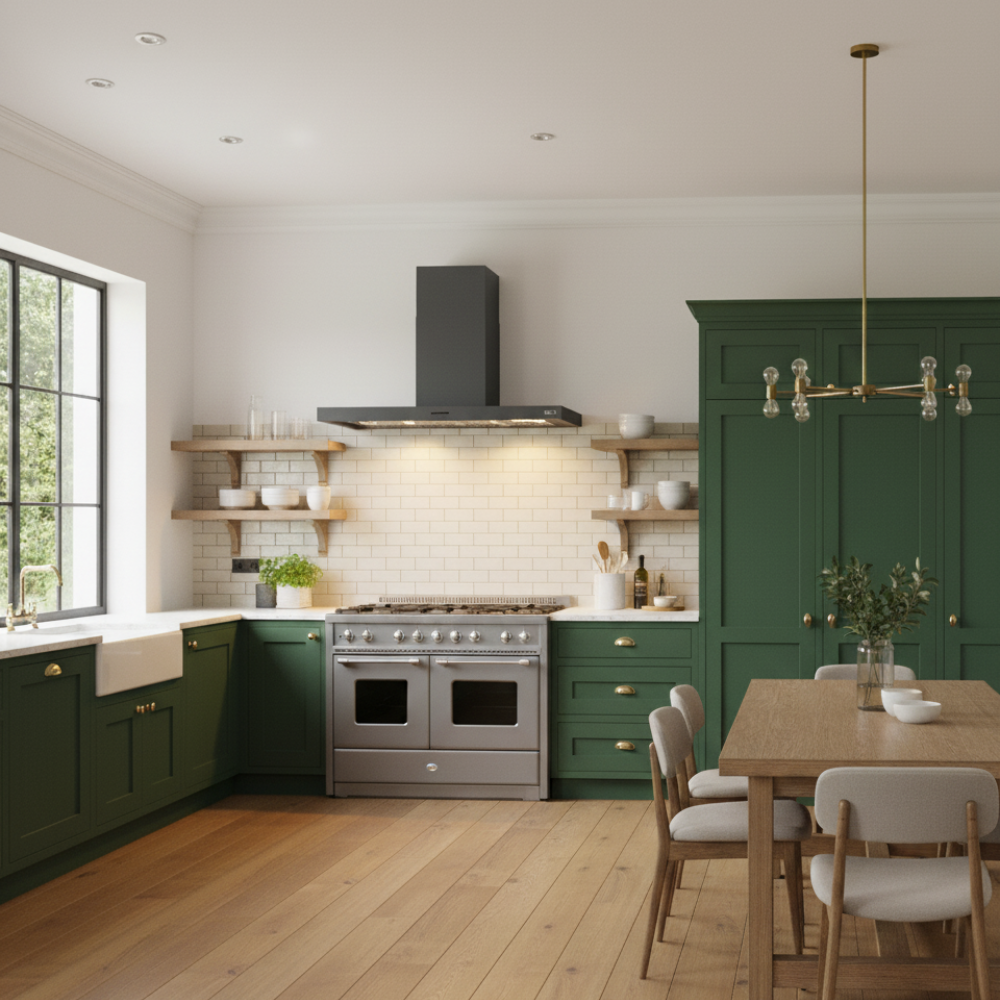 Anthracite grey Lusso semi professional wall mounted cooker hood, installed within a modern green shaker style kitchen with a large range oven