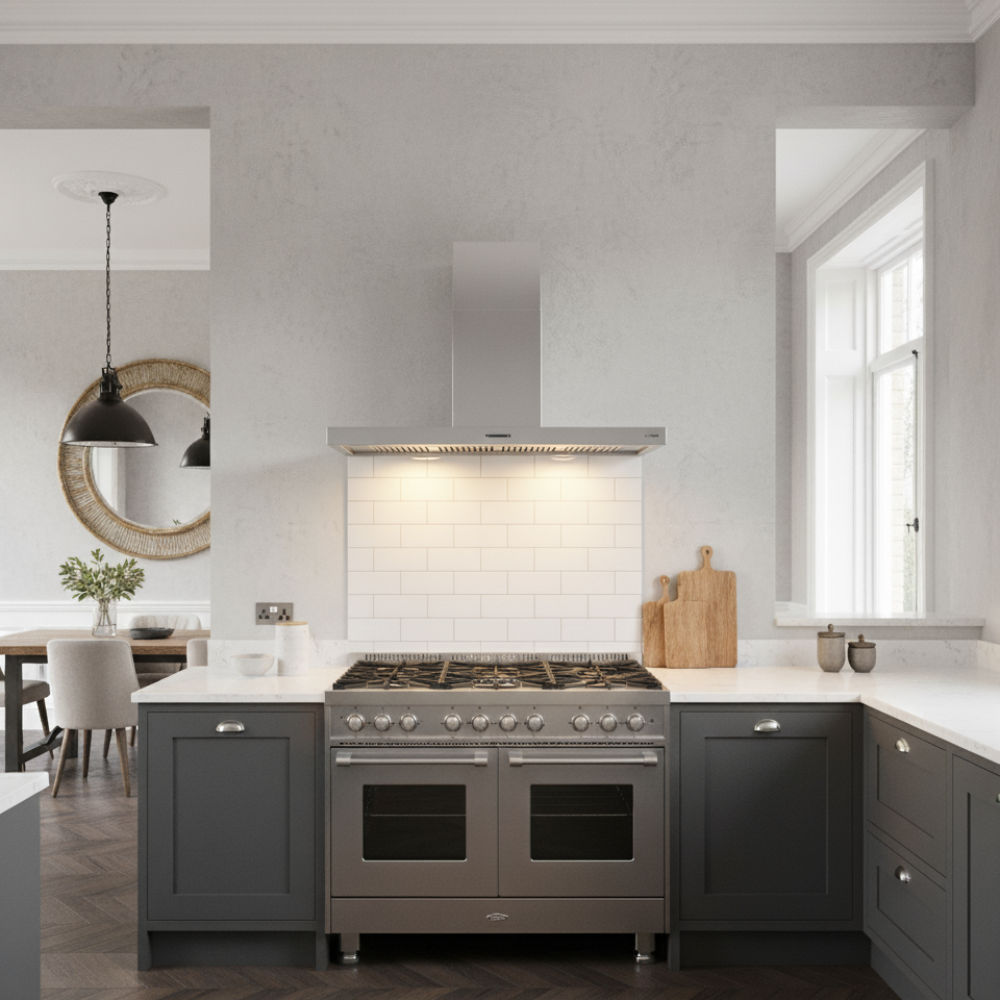 Stainless Steel semi professional Lusso cooker hood, in a dark grey shaker style kitchen with open plan dining area. Above a large range