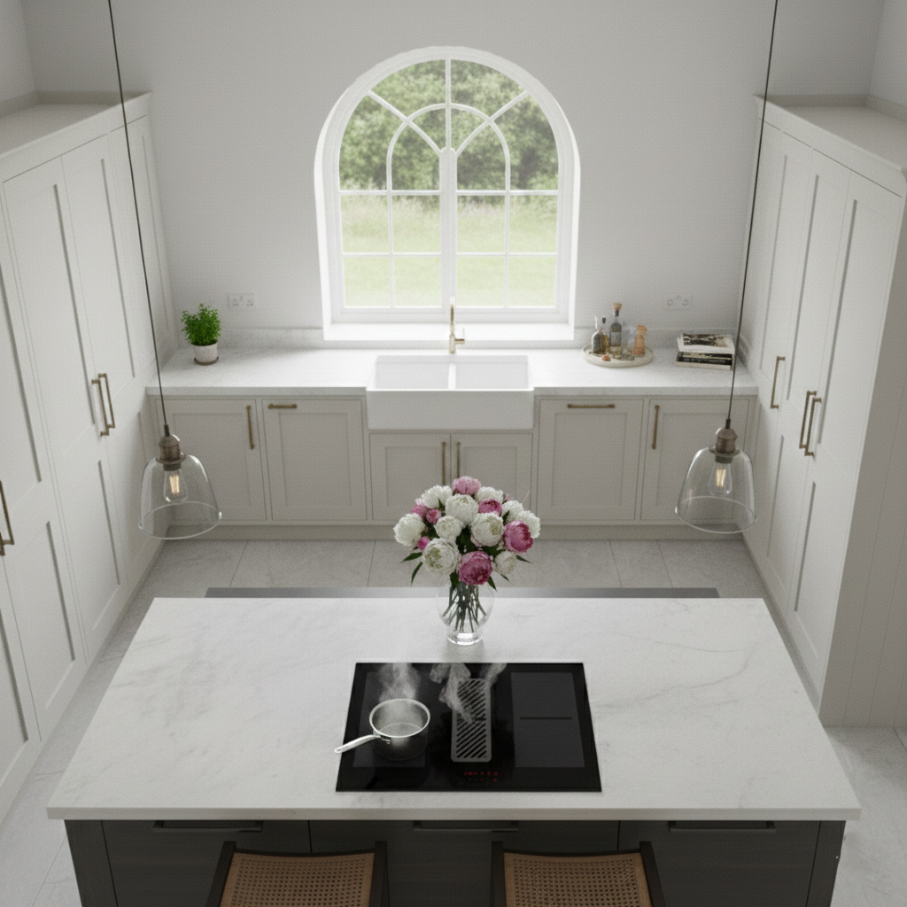 Arcus 78cm vented downdraft induction hob installed within a central island in a neutral shaker style kitchen