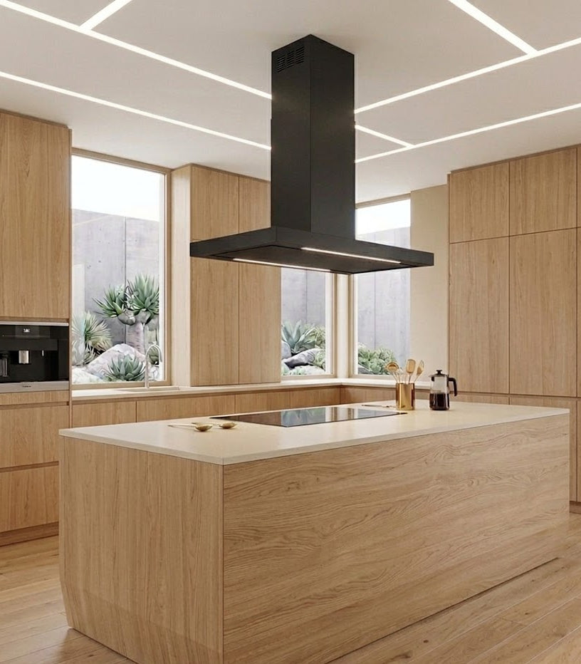 Lazio Island in Black Installed Within a Minimalistic Kitchen Featuring Wooden Island and Cabinets, and Large Windows.