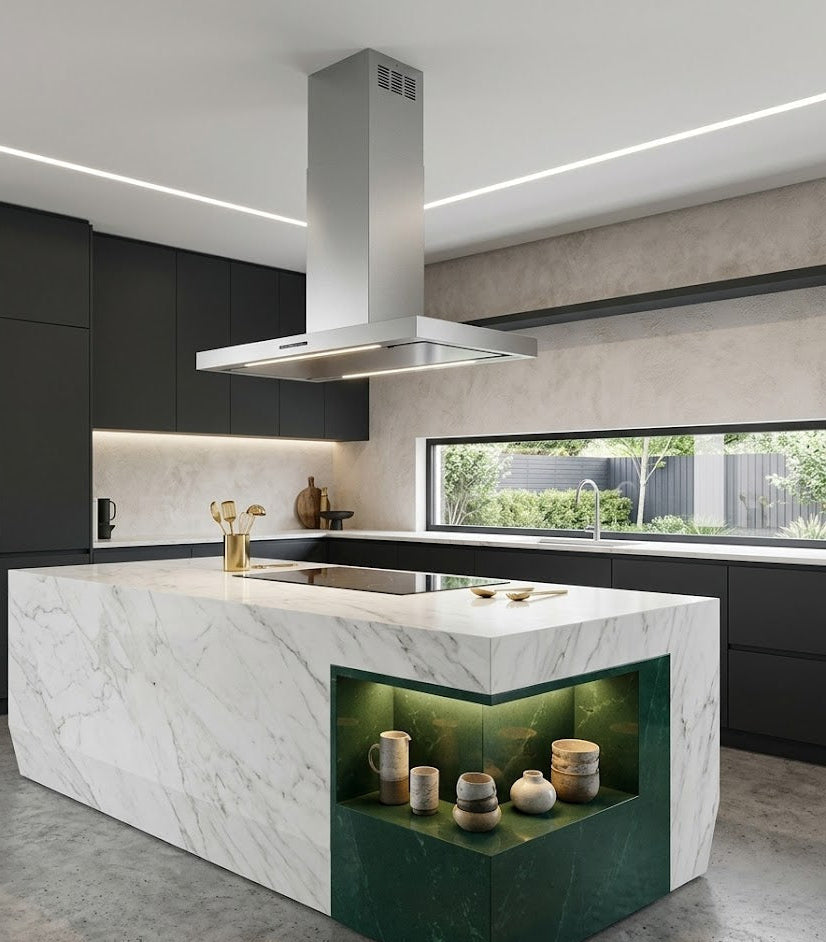 Stainless Steel Lazio Island Installed Within a Unique, Modern Kitchen Featuring Large Marble Island, Black Cabinets and Corner Shelf Feature