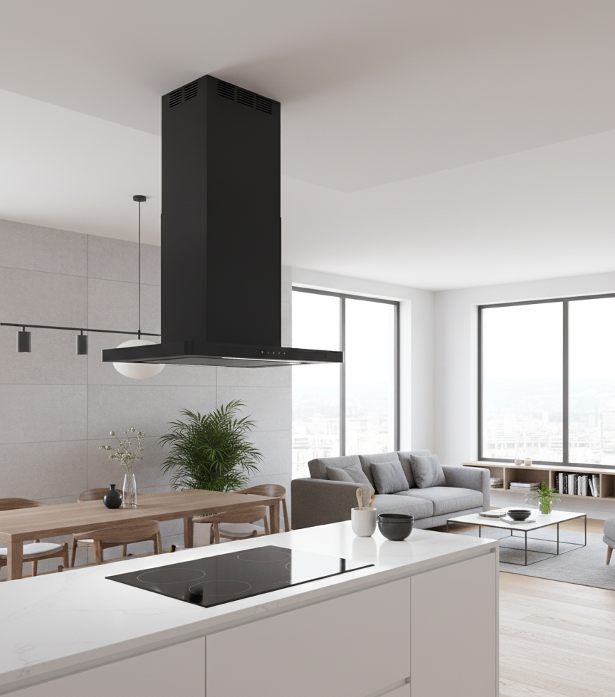 Black Linea island cooker hood installed in a minimalistic white kitchen featuring wooden dining table and lounge area