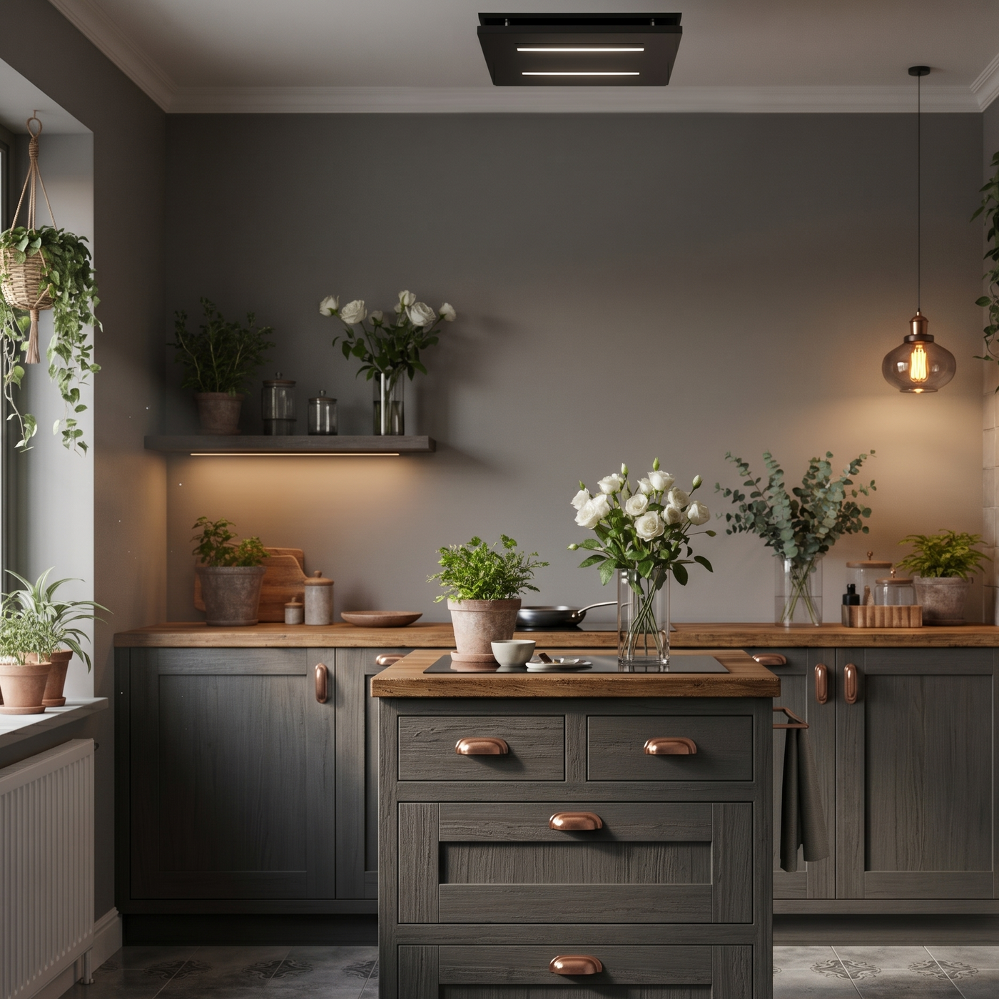 Modern dark grey kitchen with copper handles featuring the Luxair 40cm small black slimline ceiling cooker hood over a central island