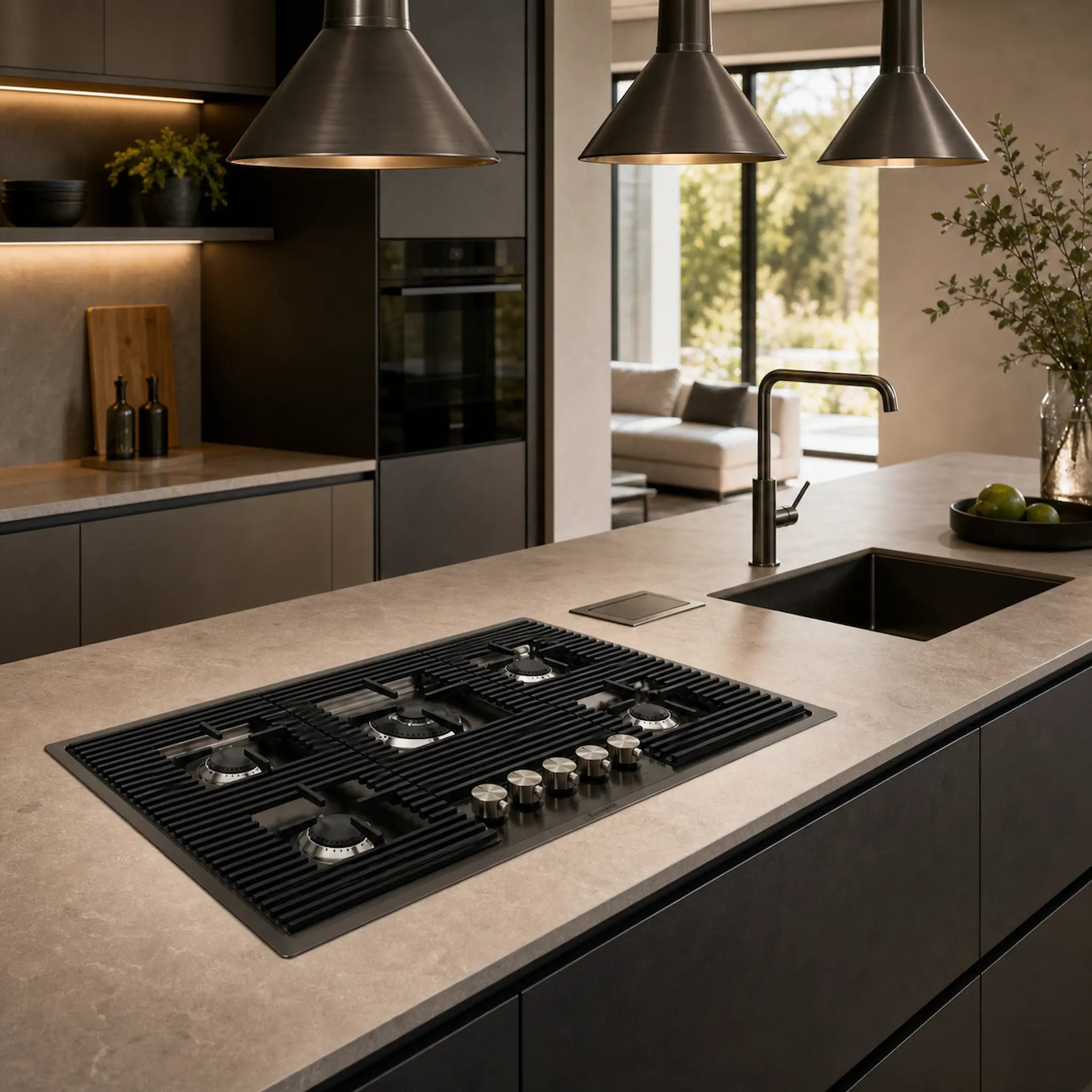 80cm 5 burner gas hob powerful wok burner - cast iron flush pan grilles - Gun Metal -PVD Steel Finish with matching sink