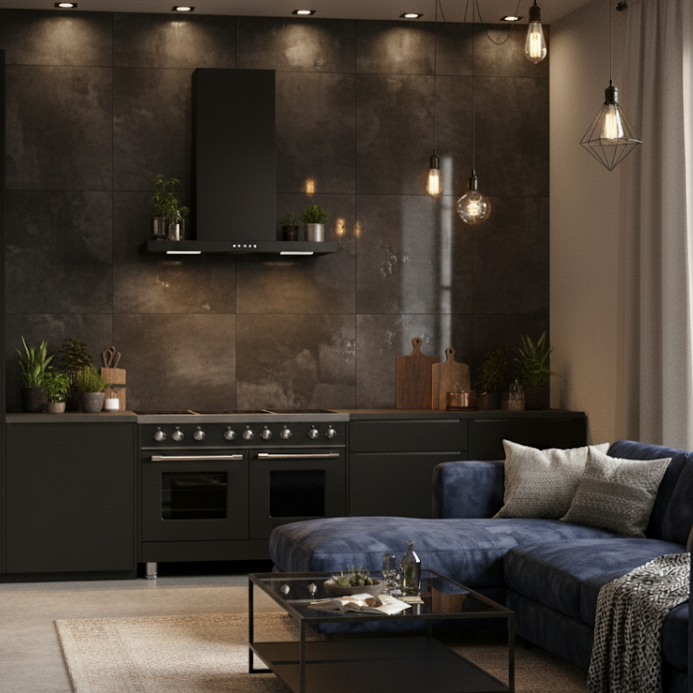 Black Moda extractor fan installed above a large range oven with a feature tiled wall, dark cabinets and pendant lighting