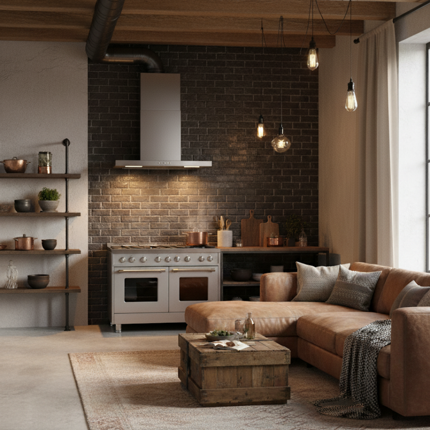 Open plan kitchen living area featuring Moda cooker hood in stainless steel above a range cooker
