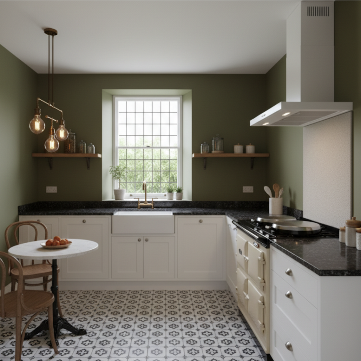 Modern green kitchen with black marbled countertops featuring White Moda cooker hood above an aga