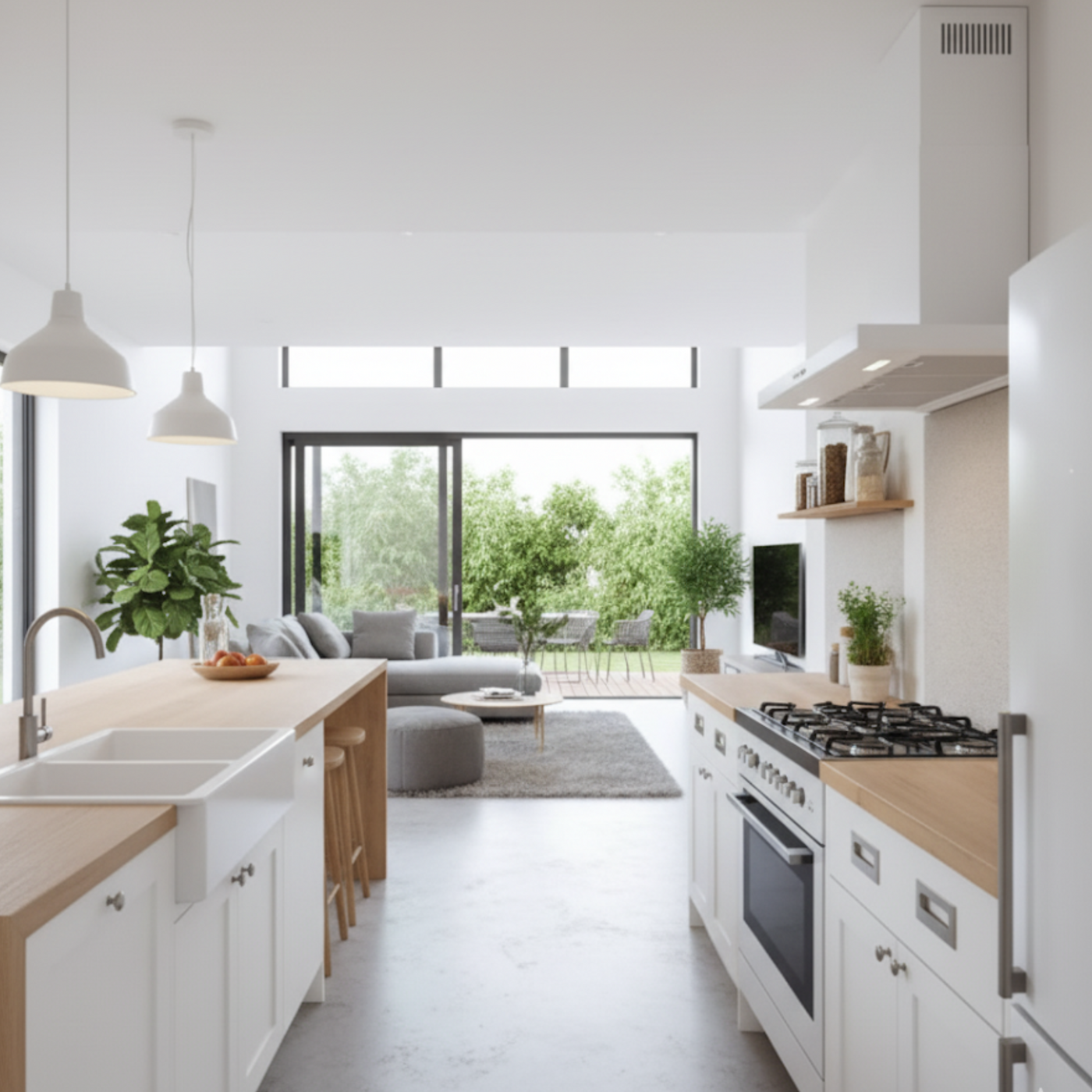 White Moda cooker hood above a gas hob featured within an open plan white and wooden kitchen
