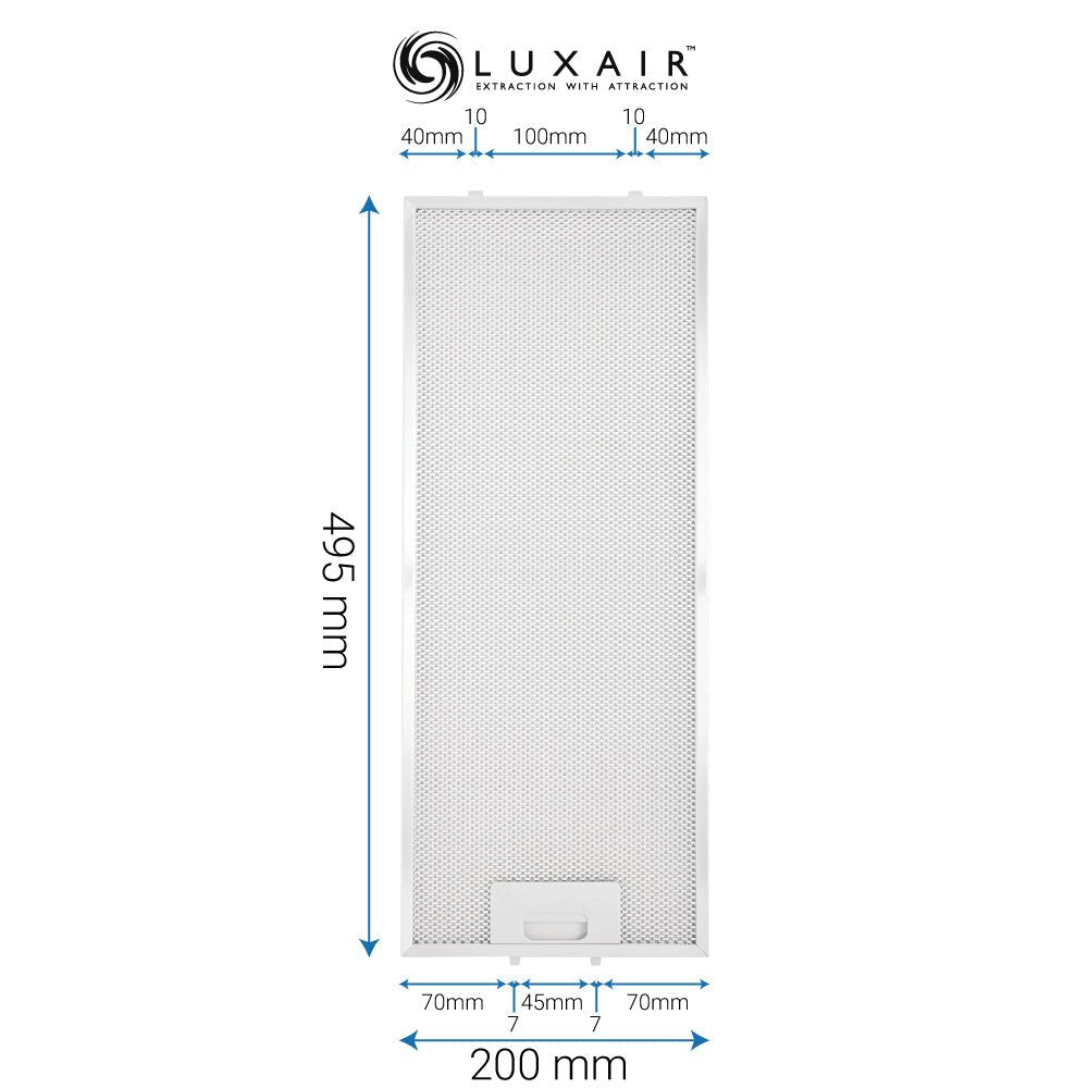 Metal Grease Filter 495mm x 200mm - Luxair Cooker Hoods Limited