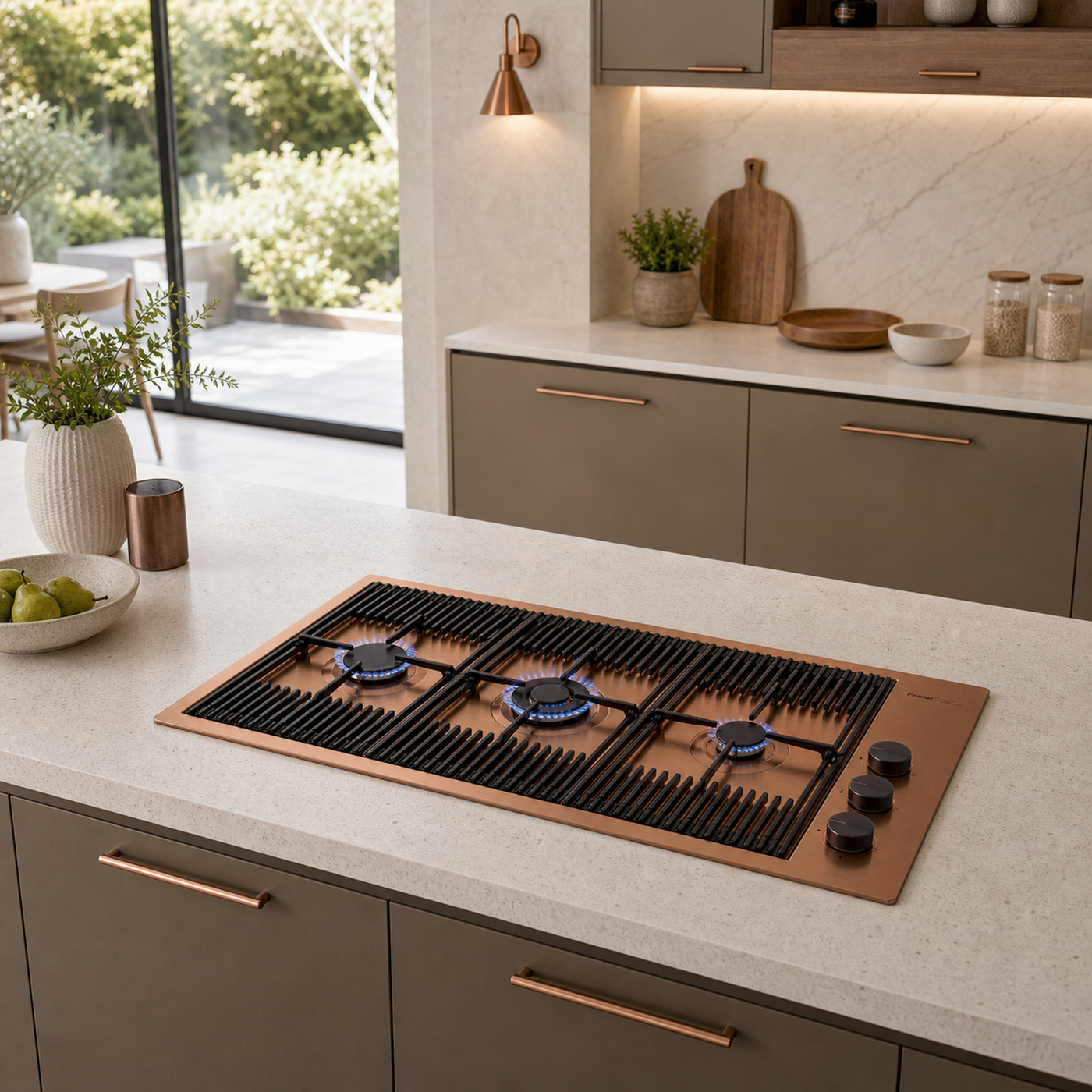 Milanello 3 burner gas hob Copper Steel PVD