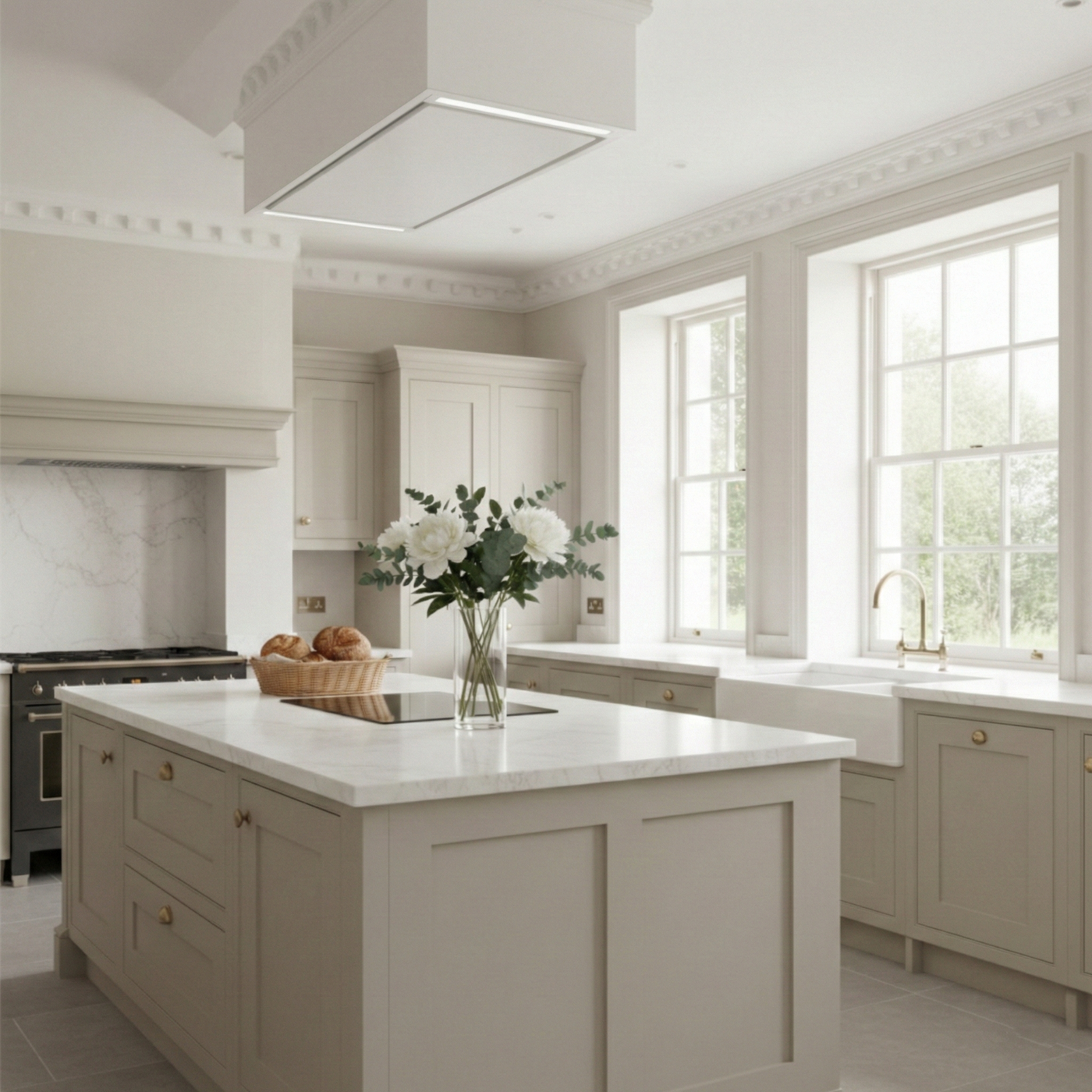 100cm White Mille Cooker Hood In A Country Style Kitchen With a Central Island and White Marble Countertops.