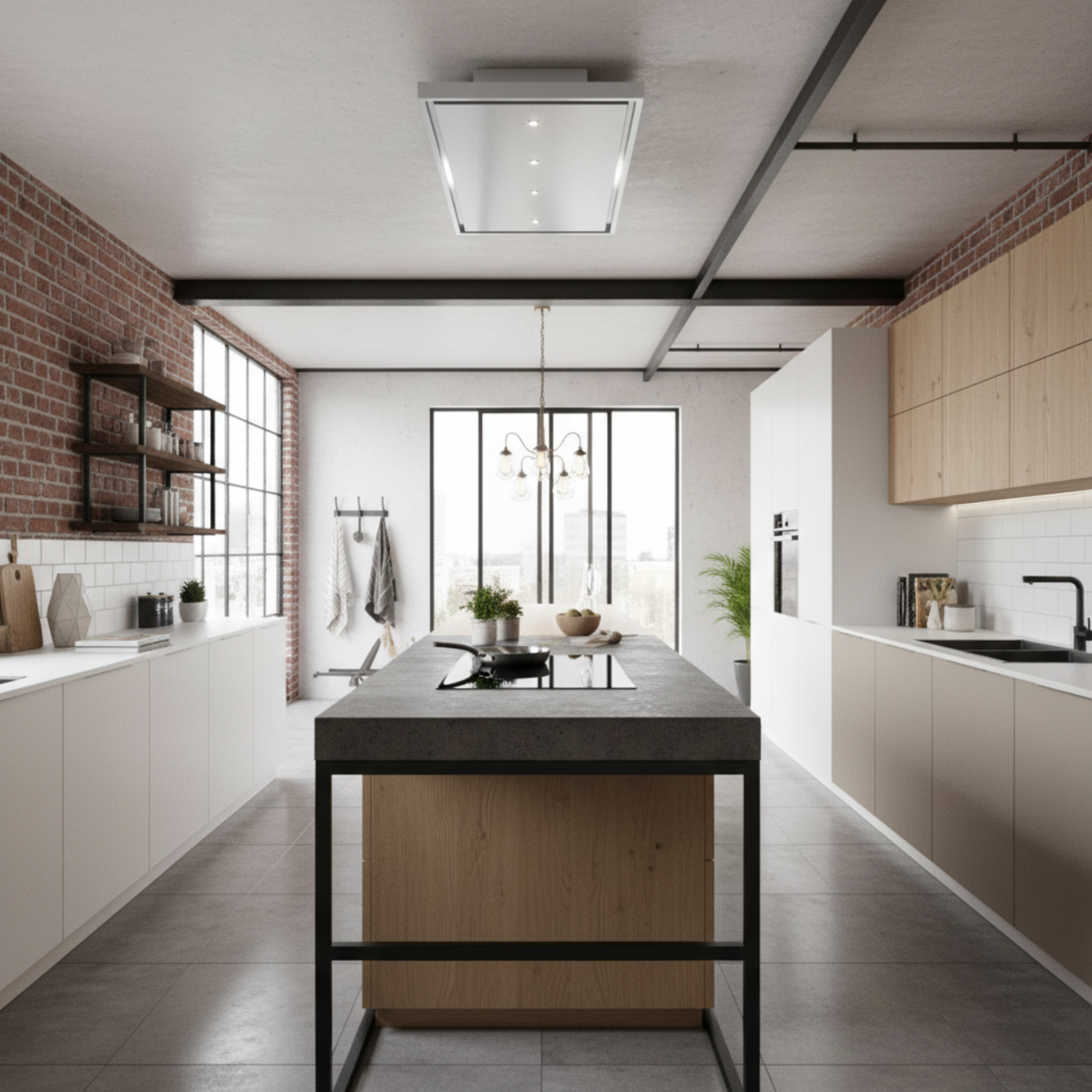 120cm Nuvola Stainless Steel Recirculating Ceiling Cooker Hood Installed In A Loft-Style Modern Kitchen. 