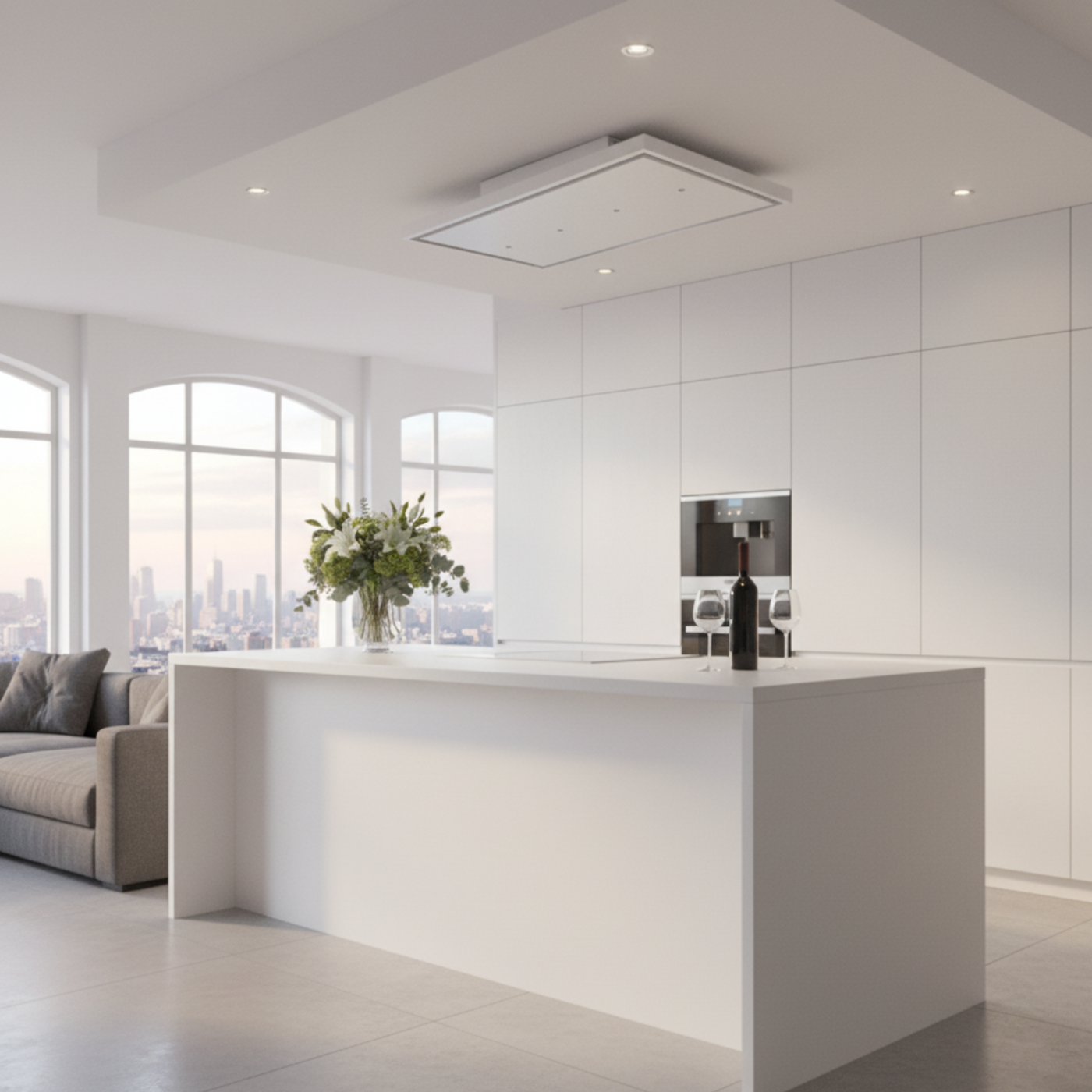 120cm Nuvola Recirculating Ceiling Cooker Hood Installed Within Sleek and Minimal White Kitchen.