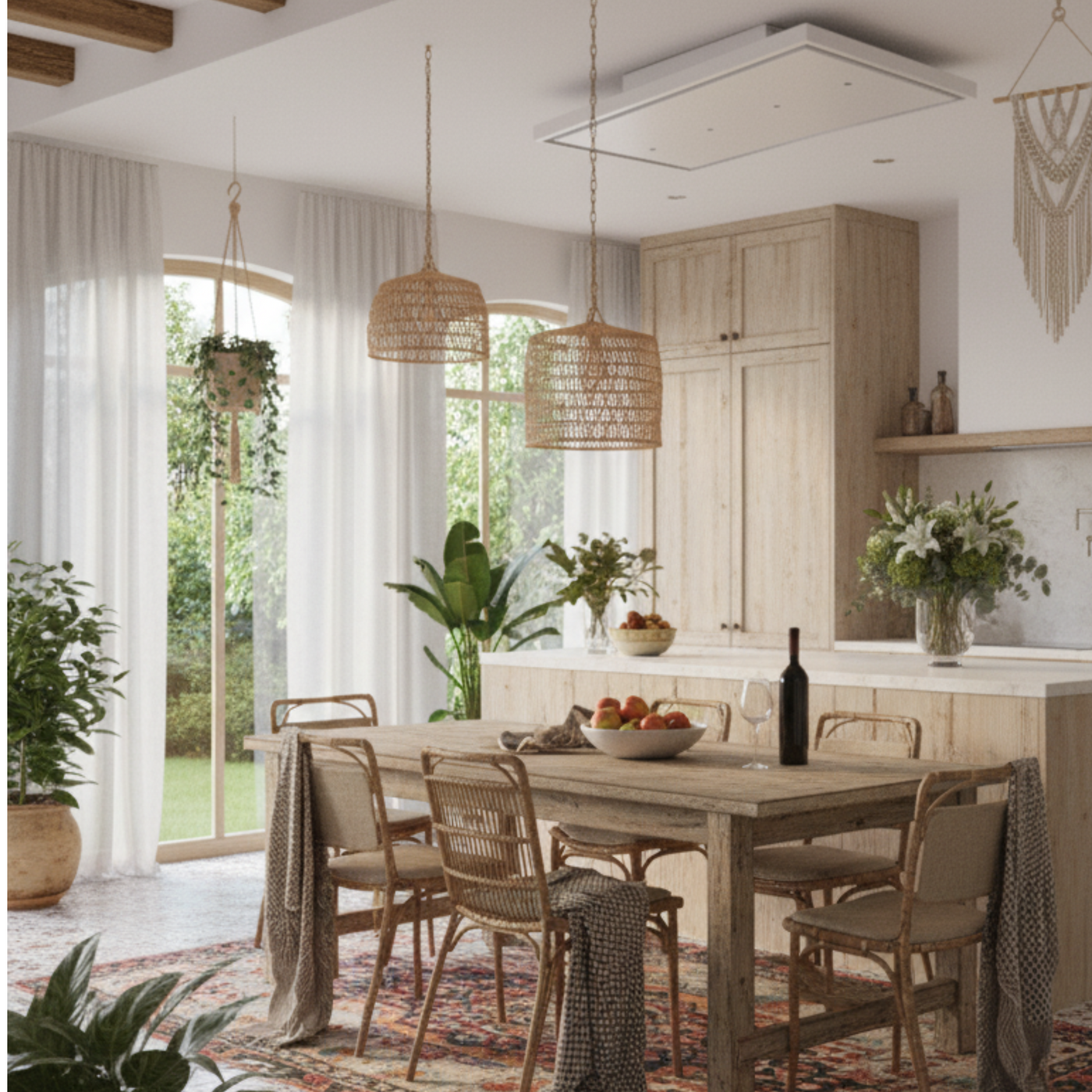 White Nuvola Recirculating Cooker Hood Installed In a Boho Chic Rustic Kitchen Featuring Wooden Accents.