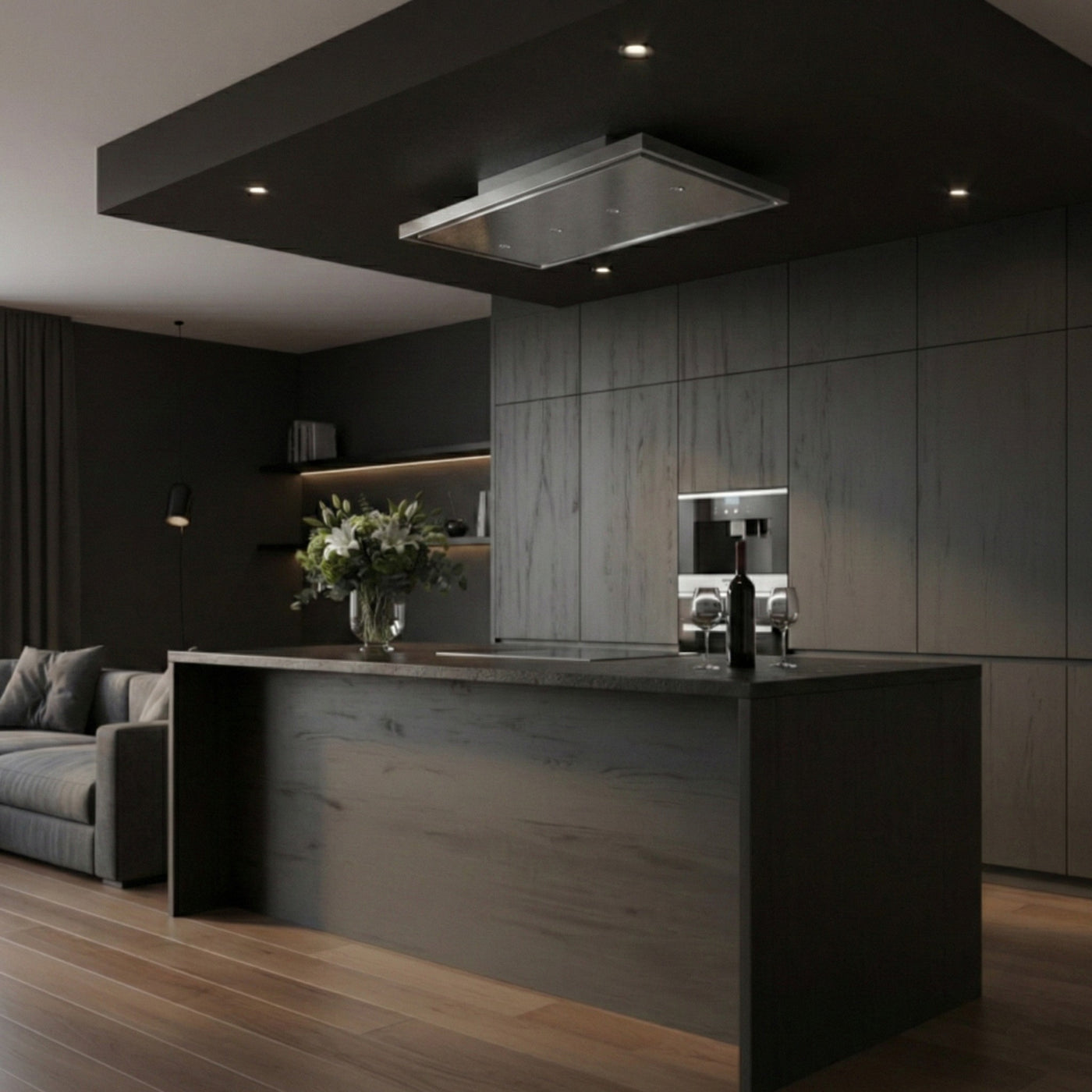 Stainless Steel Nuvola Recirculating Ceiling Hood Installed Within a Dark Modern Kitchen Featuring a Dark Wooden Island.