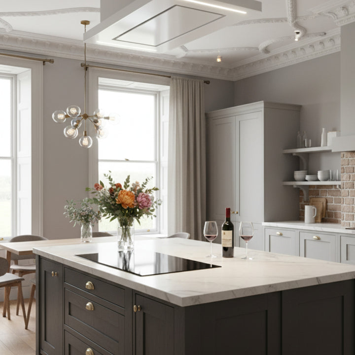 90cm Orion Recirculating Ceiling Cooker Hood In a Kitchen Featuring Grey Island & White Countertops.