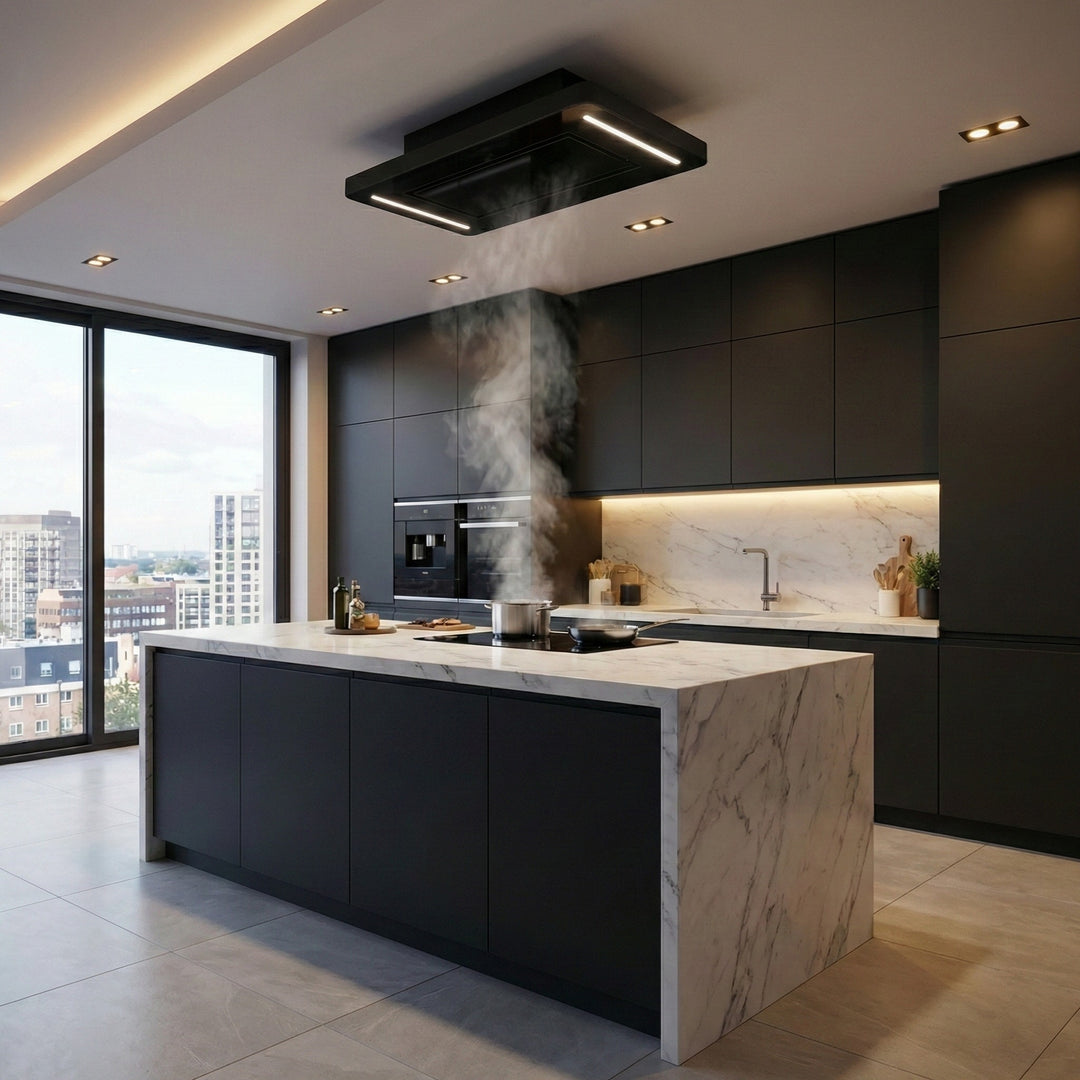 90cm Orion Recirculating Ceiling Cooker Hood Extracting In a Modern Kitchen With Black Cabinets, Marble Island, And Cityscape View