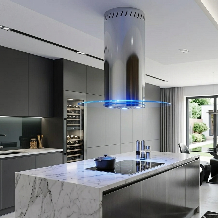 90cm Round Island Cooker Hood Installed Over a Sleek, Modern, Marble Island