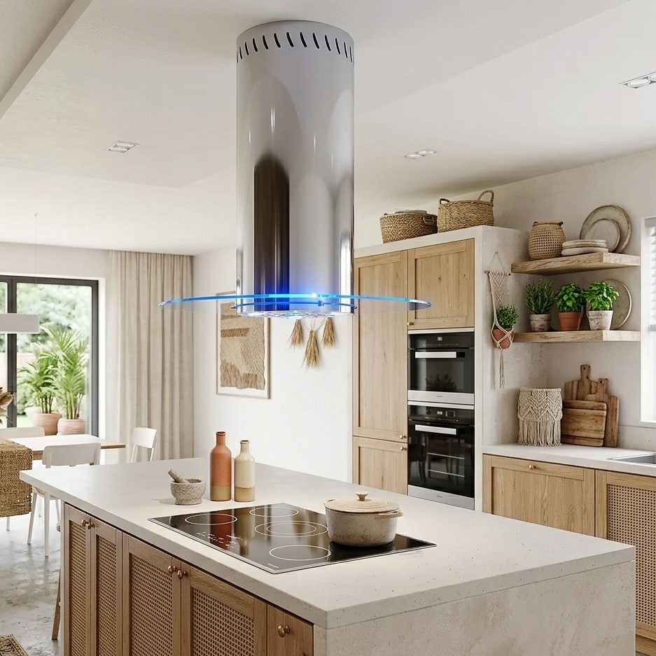 Chrome Round Island Cooker Hood Installed In A Boho Chic Kitchen Above Large Island