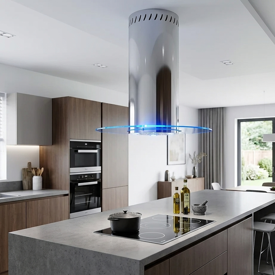 Chrome Island Extractor With Blue Surround Feature LED Lighting Installed Within a Modern, Dark Kitchen
