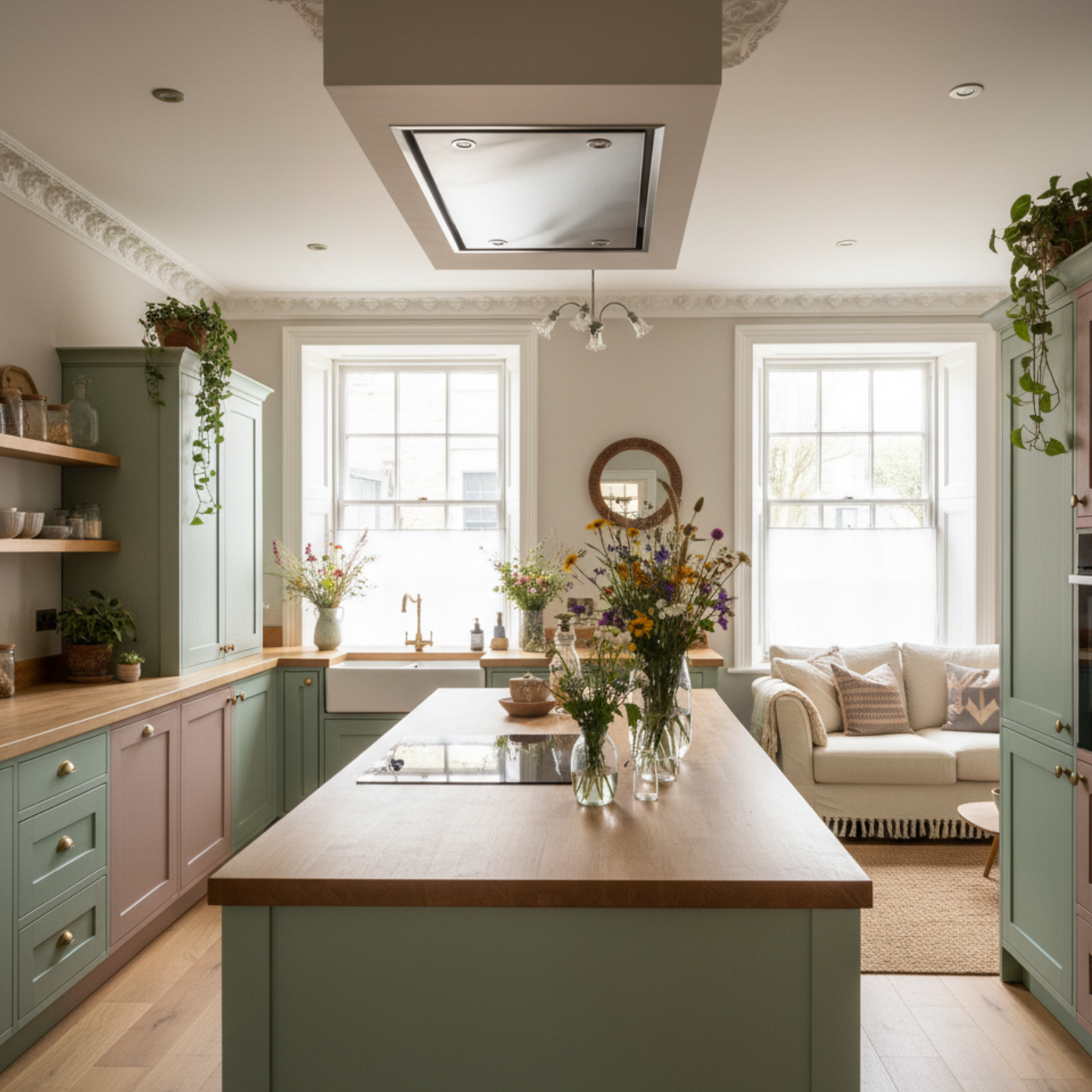 Stainless Steel Skyline In Modern Boho Kitchen With Wooden Island, Green and Pink Cabinetry, And a Cosy Living Area.
