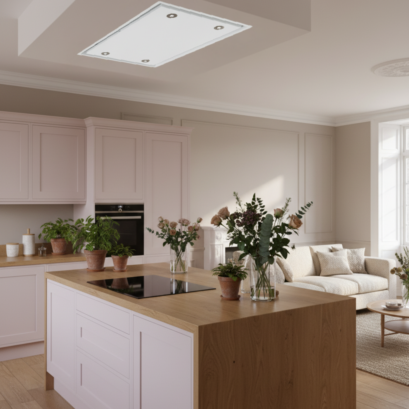 90cm Skyline Ceiling Cooker Hood In a Modern Kitchen With Wooden Island and White Cabinets, Featuring a Dropped Ceiling Box.