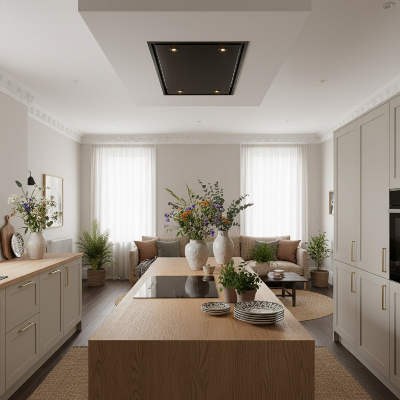 90cm Skyline Black Within a Modern Kitchen With Wooden Island, White Cabinets, And a Living Area In The Background In A Dropped Box