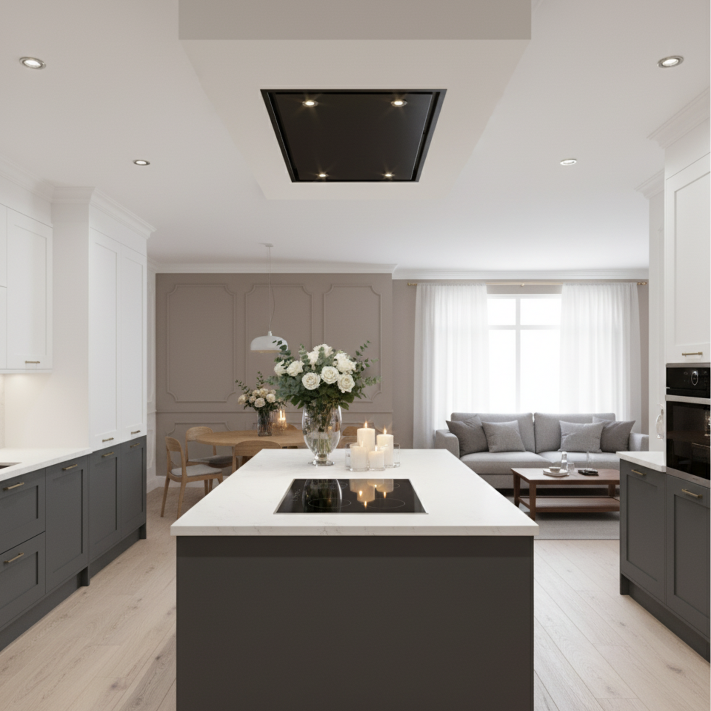 90cm Black Skyline Cooker Hood In a Dropped Box. Modern Dark Grey and Beige Kitchen with White Countertops. 