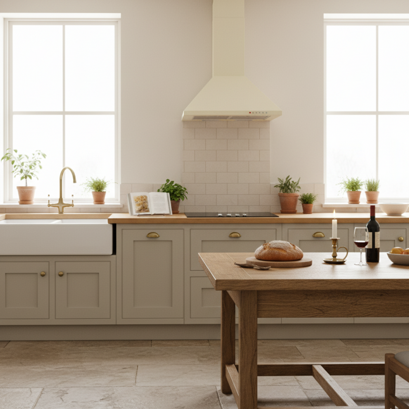 Ivory Traditional Pyramid cooker hood within a neutral shaker style kitchen with large central wooden dining table