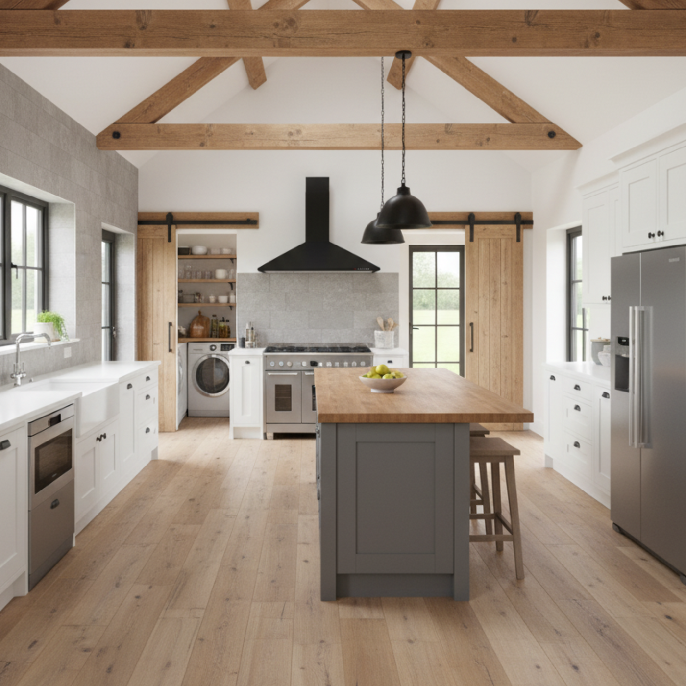 Black Traditional Pyramid cooker hood above a range oven within farmhouse rustic style kitchen with feature black pendant lighting