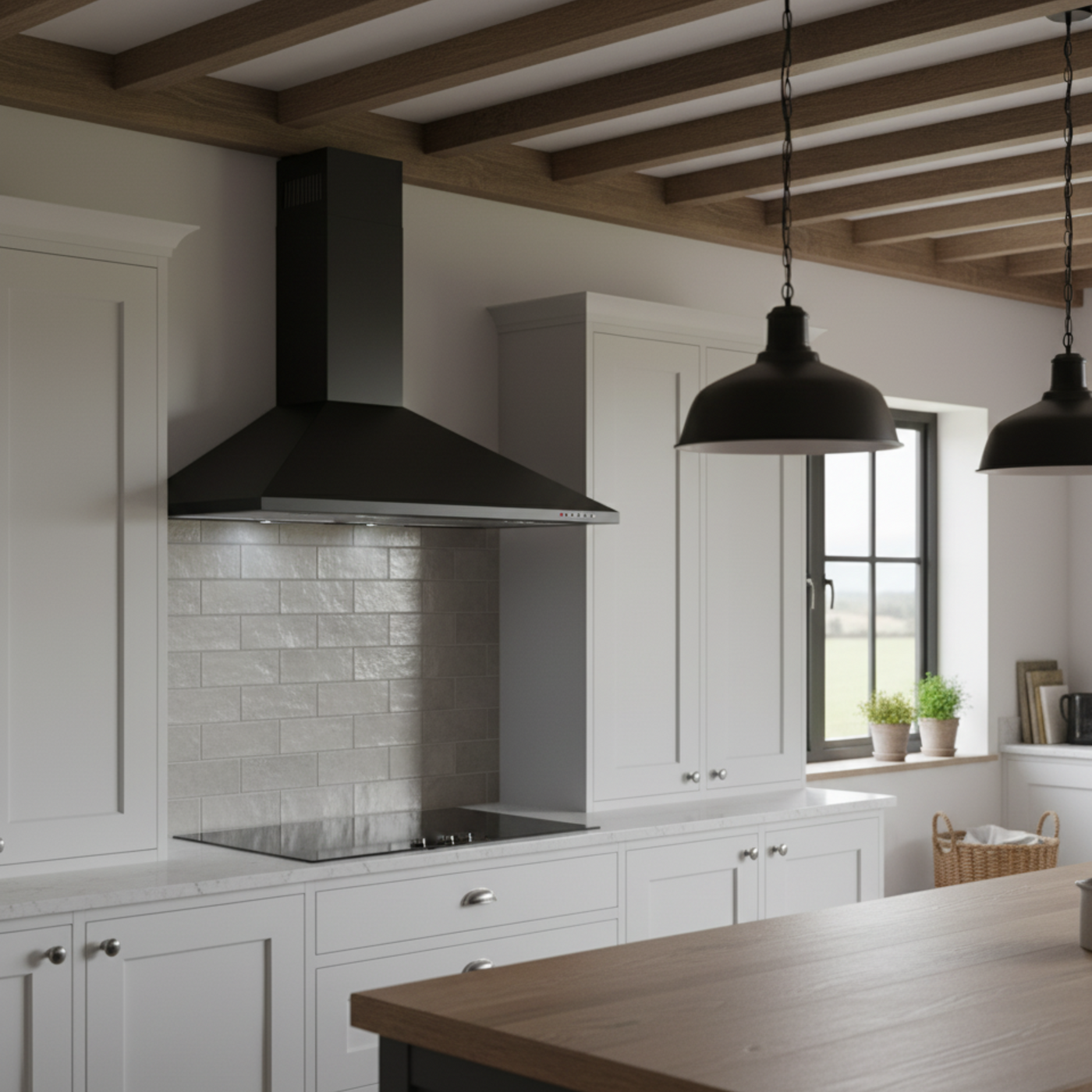 Modern, sleek kitchen featuring Traditional Pyramid cooker hood in black above an induction hob