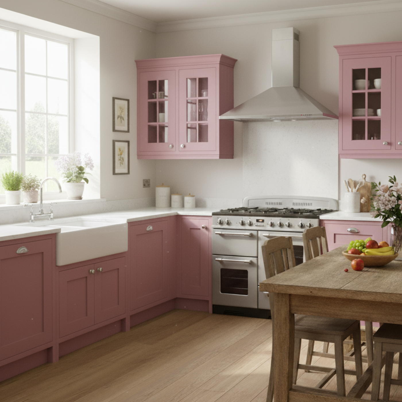 Stainless Steel Traditional Pyramid cooker hood above a range cooker installed within a blush pink shaker kitchen