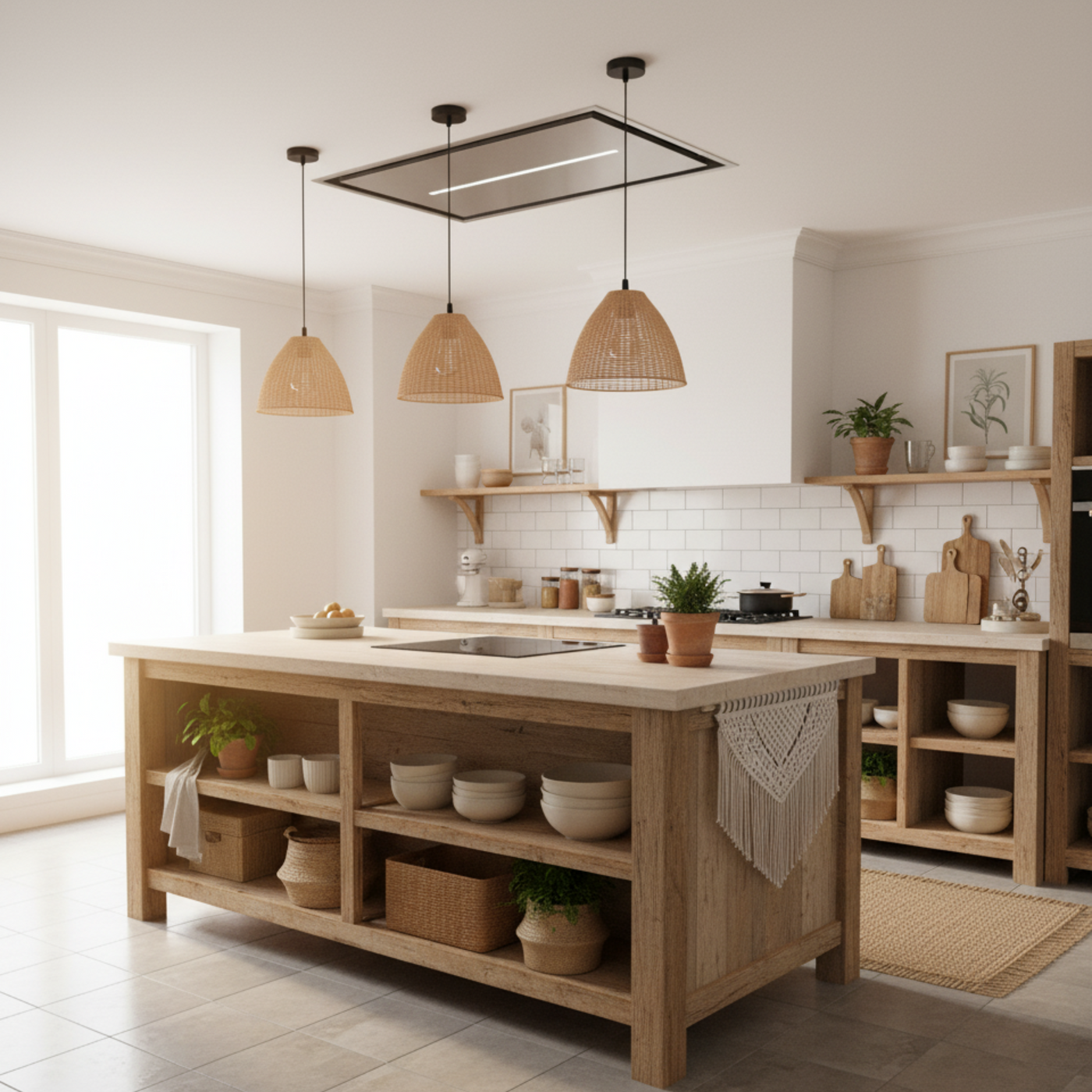 Stainless Steel Synergy Installed Flush In a Boho Chic Style Kitchen With Wooden Features And Neutral Tiling.