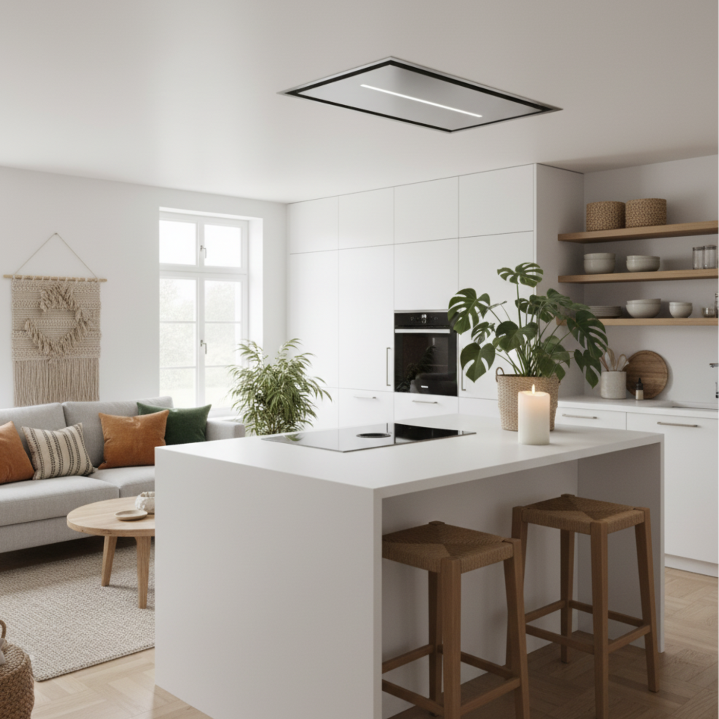 Stainless Steel Synergy Cooker Hood In a Modern Kitchen-Diner With White Island, Wooden Stools, and Plants.