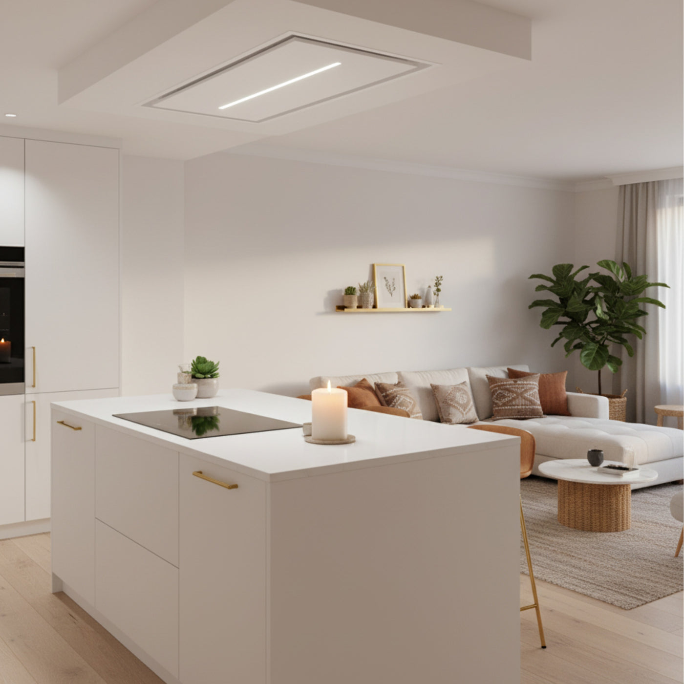 Synergy Ceiling Cooker Hood Housed In a Shallow Dropped Box Installed In a Boho Style Kitchen With Neutral Decor.
